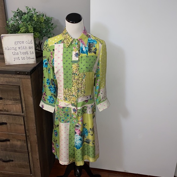 ETRO Green Floral Silk Made in Italy patchwork midi dress Size euro 42 US  size 6